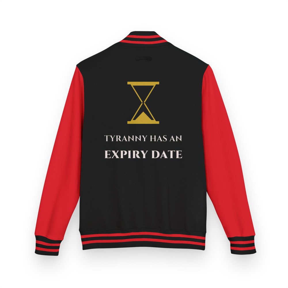 Evil Leaders Tyranny Has An Expiry Date Varsity Jacket Jet Black/Fire Red