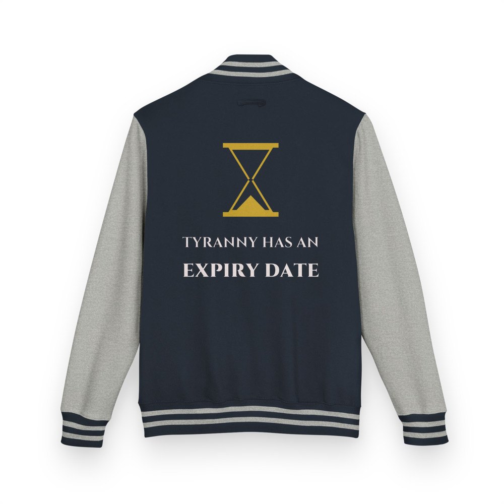 Evil Leaders Tyranny Has An Expiry Date Varsity Jacket in Oxford Navy/Heather Grey